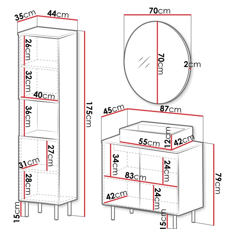Mobile bagno a terra cannettato 87 cm con colonna a 2 ante e specchio nero Nuria