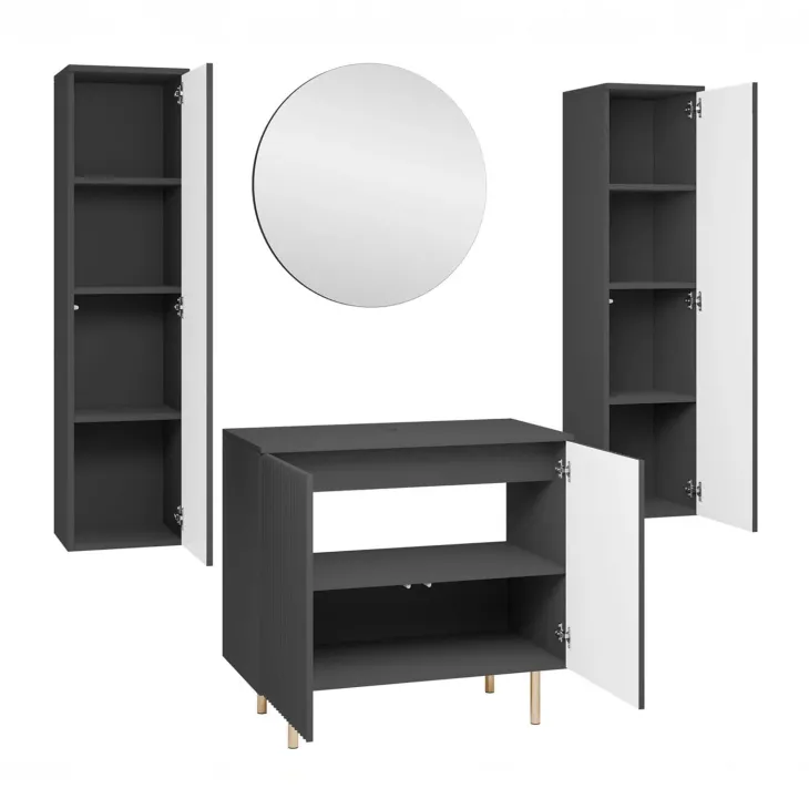 Mobile bagno a terra cannettato 87 cm con 2 colonne sospese e specchio nero Nuria