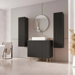 Mobile bagno a terra cannettato 87 cm con 2 colonne sospese e specchio nero Nuria