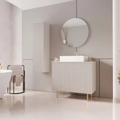 Mobile bagno a terra cannettato 87 cm con colonna sospesa e specchio beige cashmere Nuria
