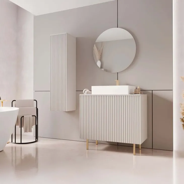 Mobile bagno a terra cannettato 87 cm con colonna sospesa e specchio beige cashmere Nuria