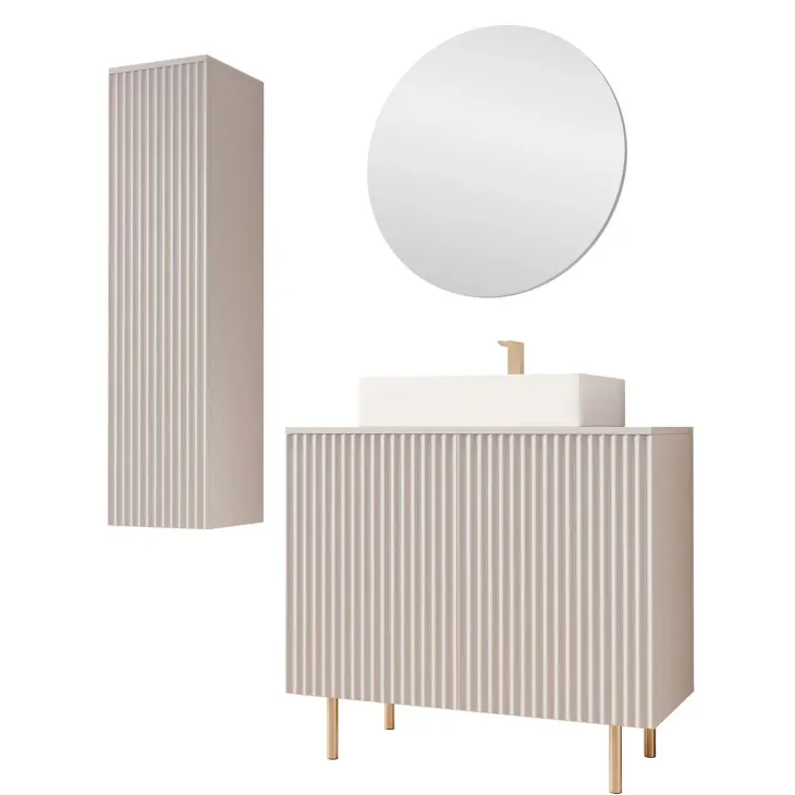 Mobile bagno a terra cannettato 87 cm con colonna sospesa e specchio beige cashmere Nuria