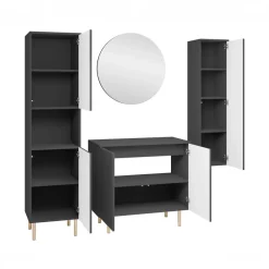 Mobile bagno a terra cannettato 87 cm con colonna sospesa e a terra, specchio nero Nuria
