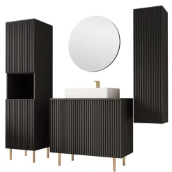Mobile bagno a terra cannettato 87 cm con colonna sospesa e a terra, specchio nero Nuria