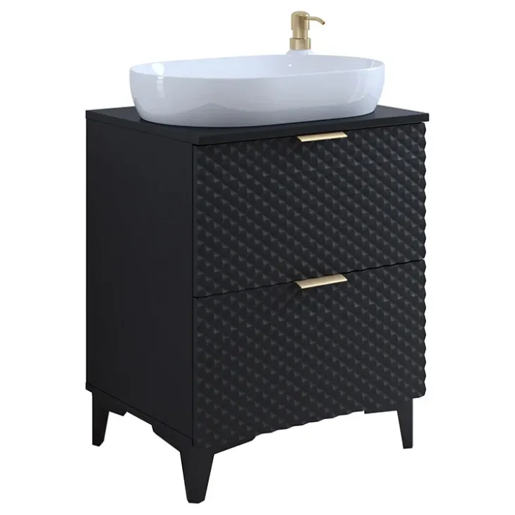 Mobile bagno a terra 61cm 2 cassetti nero frontali decorati Konny