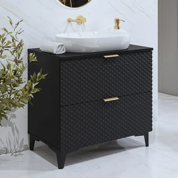 Mobile bagno a terra 81cm con colonna nero frontali decorati Konny