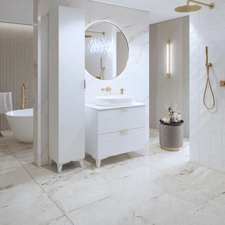 Mobile bagno a terra 81cm con colonna bianco frontali decorati Konny