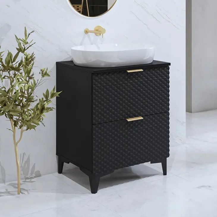 Mobile bagno a terra 61cm con colonna nero frontali decorati Konny