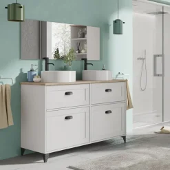 Mobile bagno a terra 120cm con doppio lavabo 2 ante 2 cassetti bianco rovere Ilias
