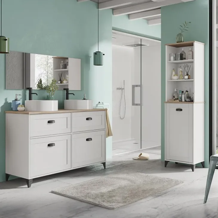 Mobile bagno a terra 120cm con doppio lavabo 2 ante 2 cassetti bianco rovere Ilias