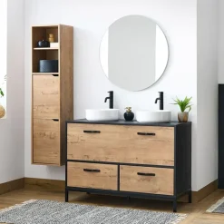 Mobile bagno a terra 120cm con doppio lavabo 1 anta 2 cassetti rovere antracite Crown