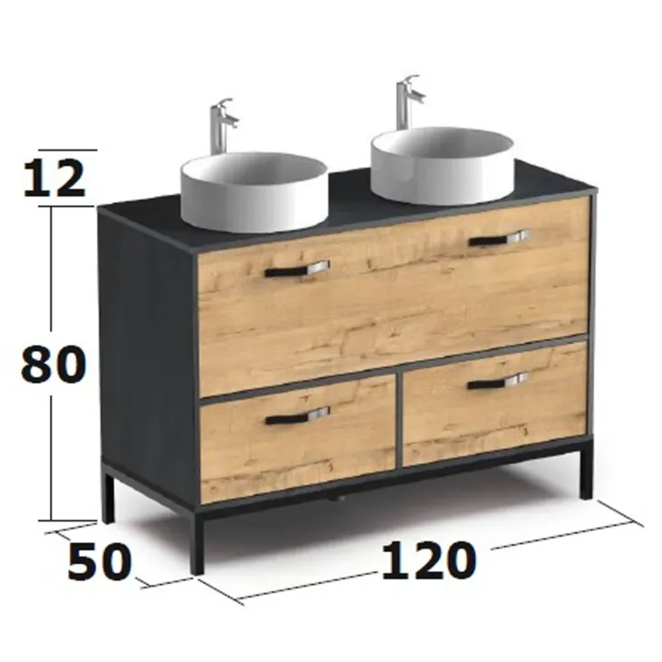 Mobile bagno a terra 120cm con doppio lavabo 1 anta 2 cassetti rovere antracite Crown