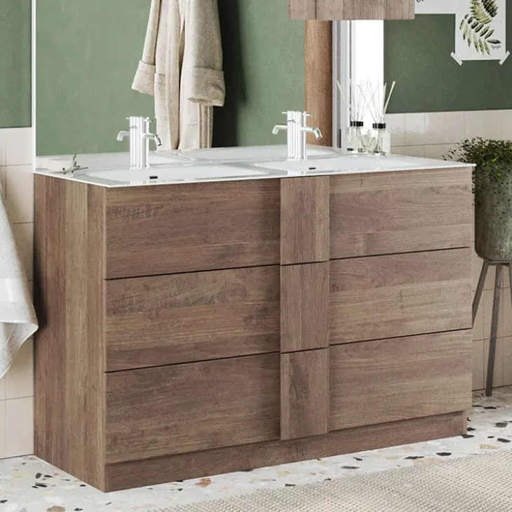Mobile bagno a terra 120cm con doppio lavabo 3 cassetti rovere scuro Alvarez