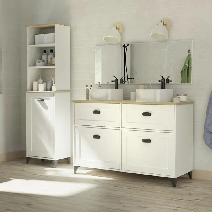 Mobile bagno a terra 120cm con doppio lavabo e colonna shabby bianco rovere Ilias