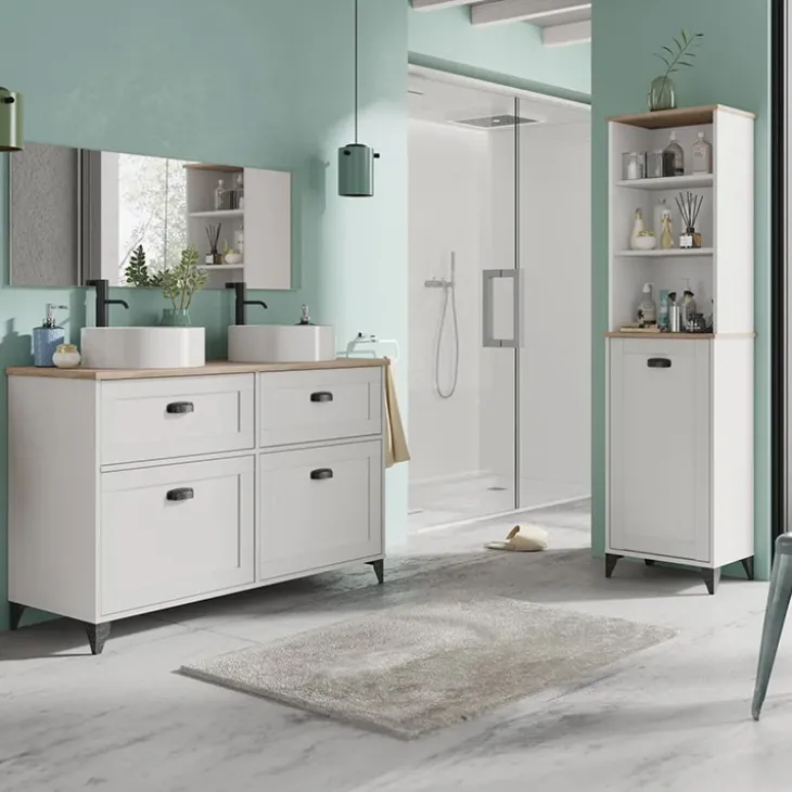 Mobile bagno a terra 120cm con doppio lavabo e colonna shabby bianco rovere Ilias