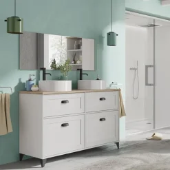 Mobile bagno a terra 120cm con doppio lavabo e colonna shabby bianco rovere Ilias