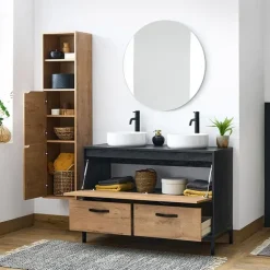 Mobile bagno a terra 120cm con doppio lavabo e colonna rovere antracite Crown
