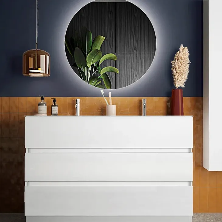 Mobile bagno a terra 122cm con doppio lavabo e specchio bianco lucido Moon