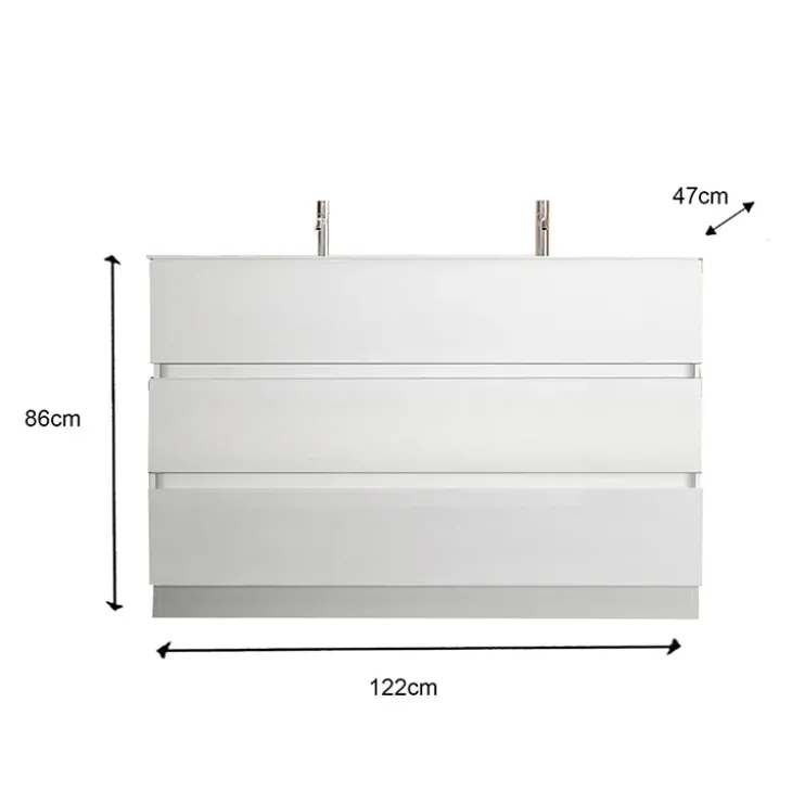 Mobile bagno a terra 120cm con doppio lavabo 3 cassetti bianco lucido Moon