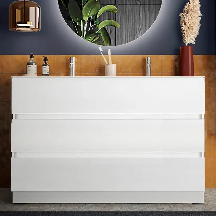 Mobile bagno a terra 120cm con doppio lavabo 3 cassetti bianco lucido Moon