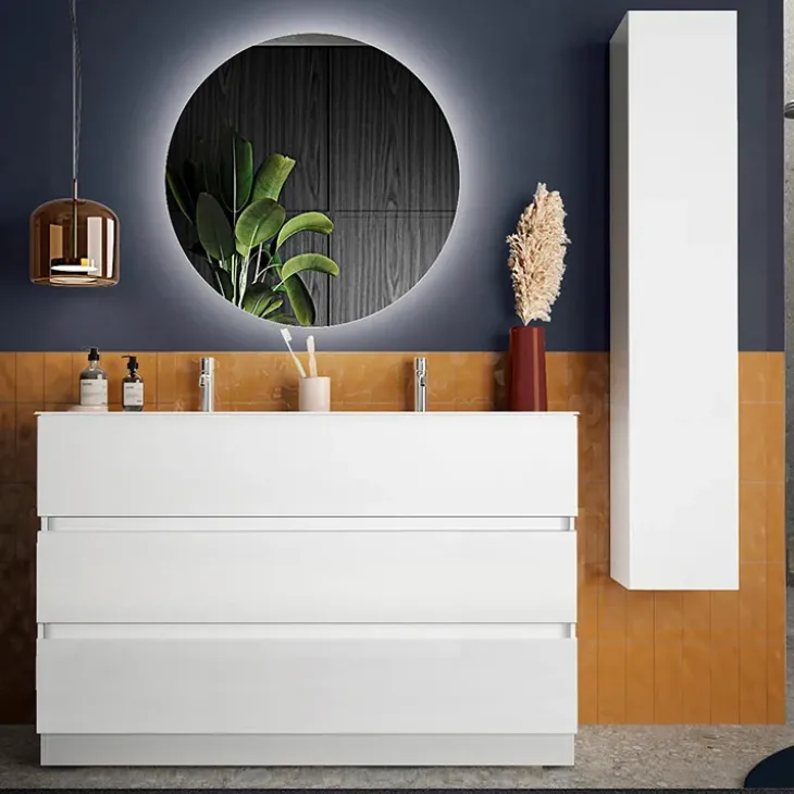 Mobile bagno a terra 120cm con doppio lavabo 3 cassetti bianco lucido Moon