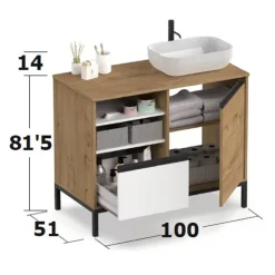 Mobile bagno a terra 100cm con lavabo e colonna 3 ante 1 cassetto bianco rovere Jasmund