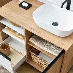 Mobile bagno a terra 100cm con lavabo e colonna 3 ante 1 cassetto bianco rovere Jasmund