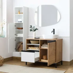 Mobile bagno a terra 100cm con lavabo e colonna 3 ante 1 cassetto bianco rovere Jasmund