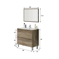 Mobile bagno a terra 80cm con lavabo e specchio rovere nordik Eveline
