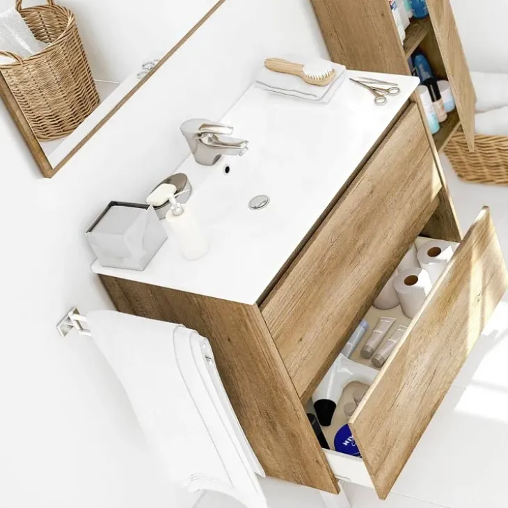 Mobile bagno a terra 80cm con lavabo e specchio rovere nordik Eveline