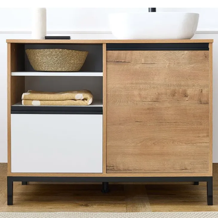 Mobile bagno a terra 100cm con lavabo 1 anta 1 cassetto rovere bianco Jasmund