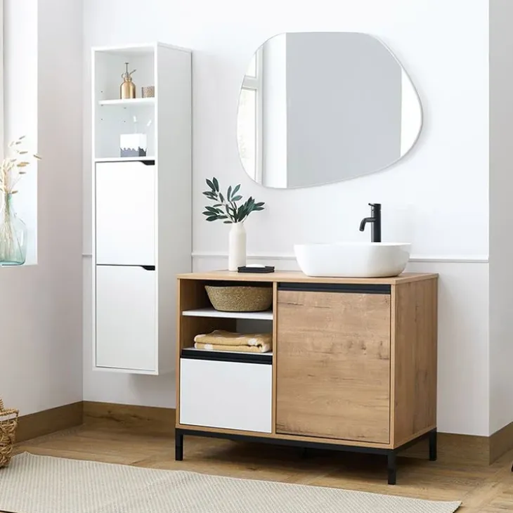 Mobile bagno a terra 100cm con lavabo 1 anta 1 cassetto rovere bianco Jasmund