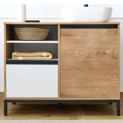 Mobile bagno a terra 100cm con lavabo e colonna 3 ante 1 cassetto rovere bianco Jasmund