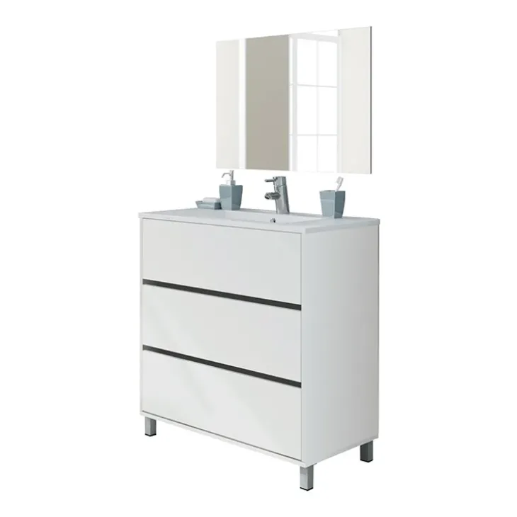 Mobile bagno a terra 82cm con lavabo e specchio 3 cassetti bianco opaco Shutter