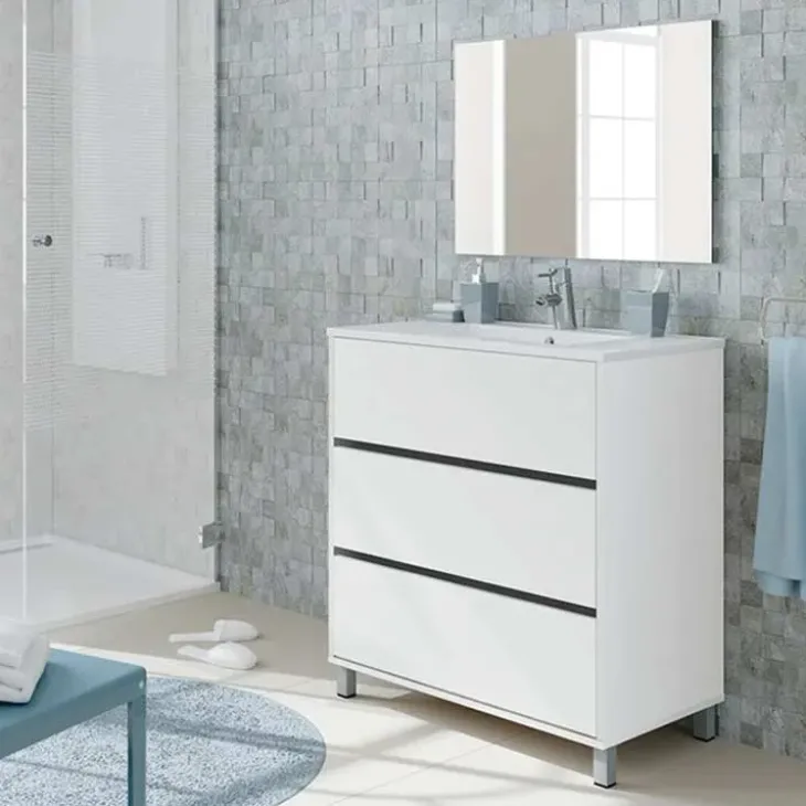 Mobile bagno a terra 82cm con lavabo e specchio 3 cassetti bianco opaco Shutter