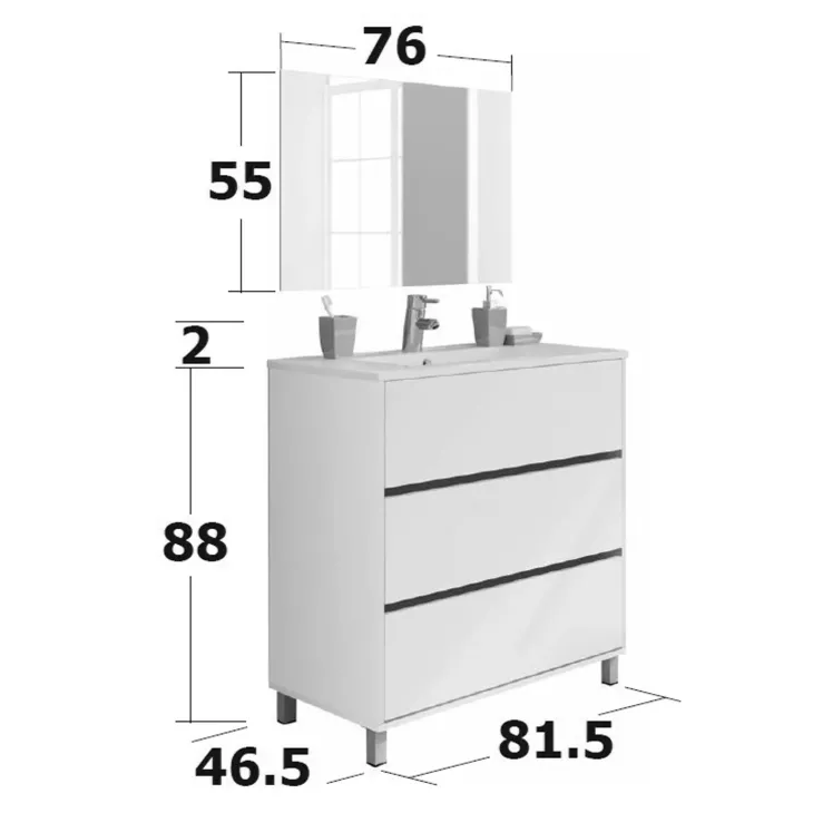 Mobile bagno a terra 82cm con lavabo e specchio 3 cassetti bianco opaco Shutter