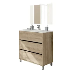 Mobile bagno a terra 82cm con lavabo e specchio 3 cassetti rovere Shutter