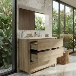 Mobile bagno a terra 82cm con lavabo e specchio 3 cassetti rovere Shutter