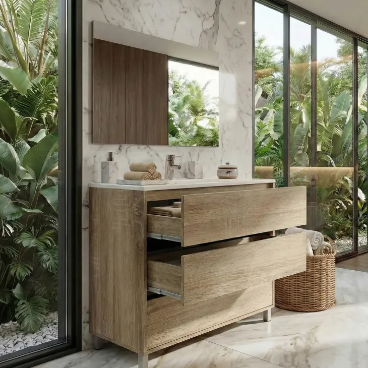 Mobile bagno a terra 82cm con lavabo e specchio 3 cassetti rovere Shutter
