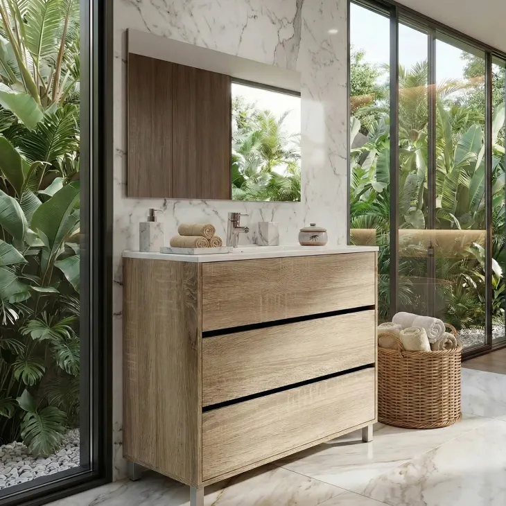 Mobile bagno a terra 82cm con lavabo e specchio 3 cassetti rovere Shutter