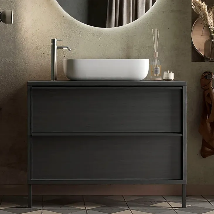 Mobile bagno a terra 105cm con lavabo 2 cassetti nero frassinato Absolut