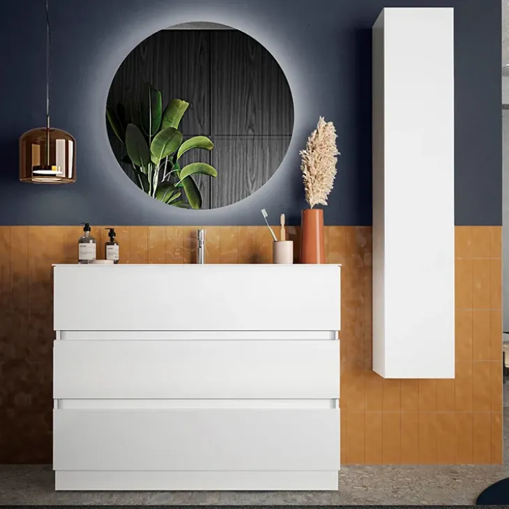 Mobile bagno a terra 100cm con lavabo e specchio bianco lucido Moon