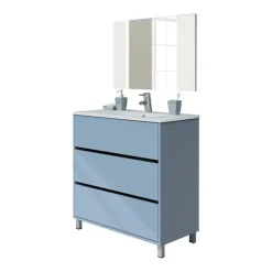 Mobile bagno a terra 82cm con lavabo e specchio 3 cassetti blu chiaro Shutter