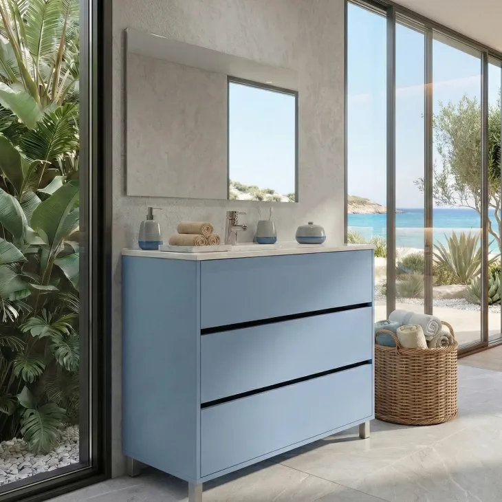 Mobile bagno a terra 82cm con lavabo e specchio 3 cassetti blu chiaro Shutter