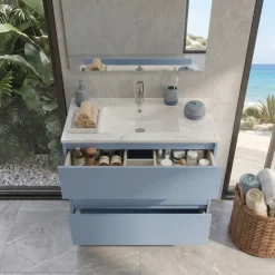Mobile bagno a terra 82cm con lavabo e specchio 3 cassetti blu chiaro Shutter