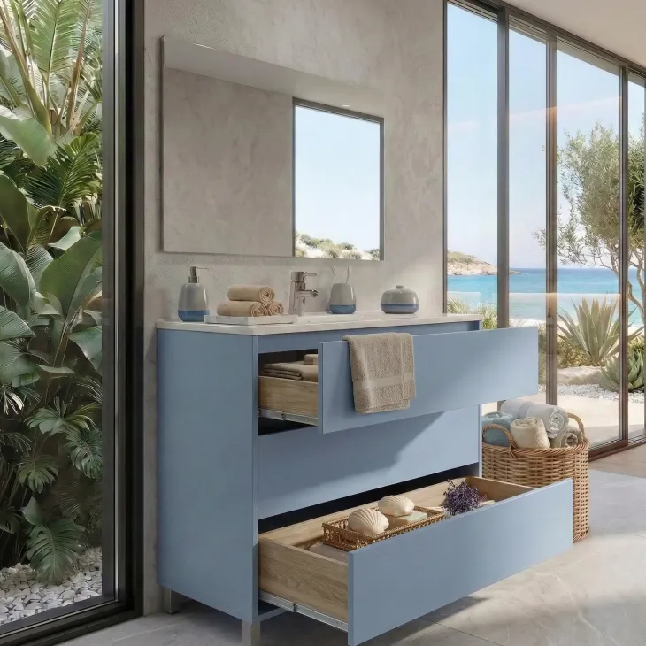 Mobile bagno a terra 82cm con lavabo e specchio 3 cassetti blu chiaro Shutter