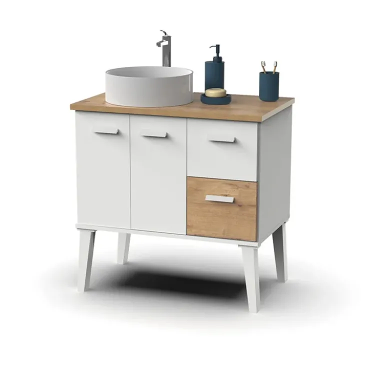 Mobile bagno a terra 82cm con lavabo 2 cassetti 2 ante bianco rovere Inok