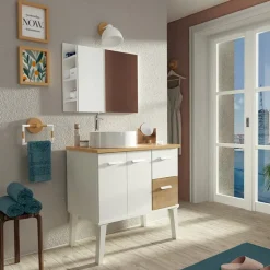 Mobile bagno a terra 82cm con lavabo 2 cassetti 2 ante bianco rovere Inok