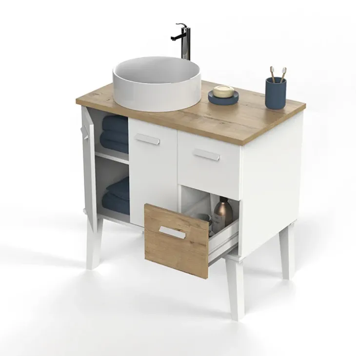 Mobile bagno a terra 82cm con lavabo 2 cassetti 2 ante bianco rovere Inok