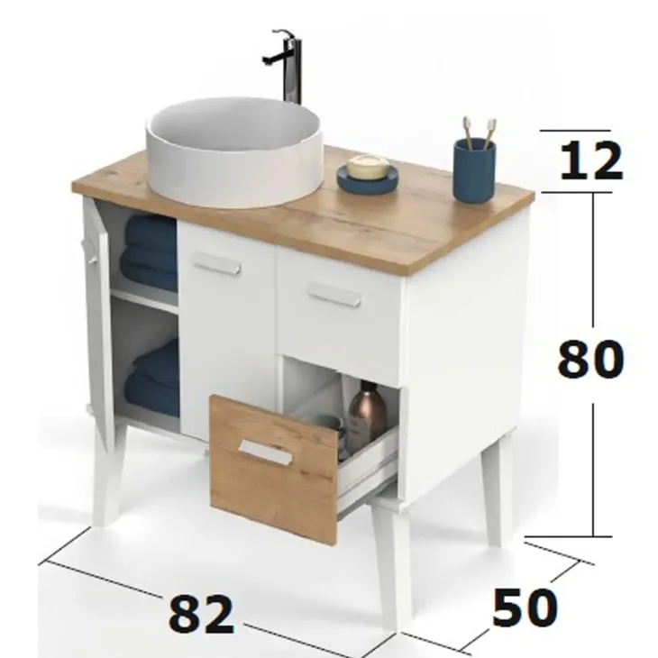 Mobile bagno a terra 82cm con lavabo 2 cassetti 2 ante bianco rovere Inok